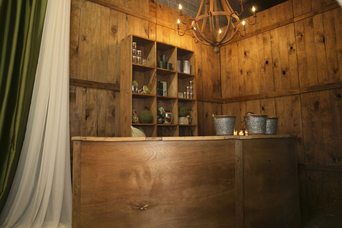 Rustic Walls, Bar and Shelving Party Tables